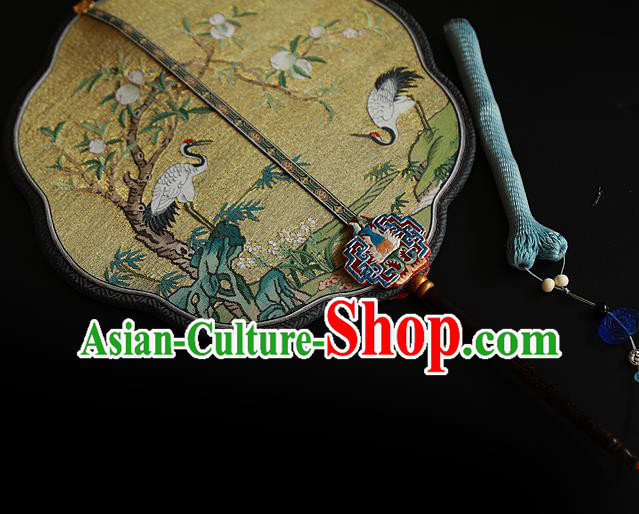 China Kesi Wedding Fan Traditional Hanfu Silk Fan Handmade Crane Peach Pattern Palace Fan China Kesi Wedding Fan Traditional Hanfu Silk Fan Handmade Crane Peach Pattern Palace Fan