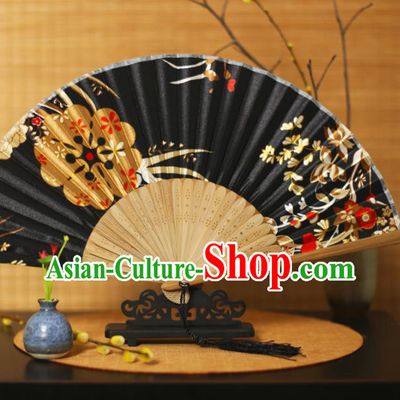 China Classical Folding Fan Traditional Printing Sakura Black Silk Fan Accordion