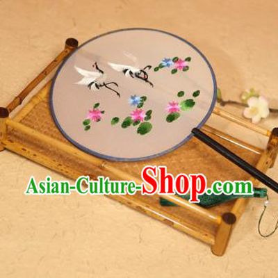 China Traditional Silk Fans Ancient Hanfu Palace Fan Embroidered Crane Lotus Circular Fan