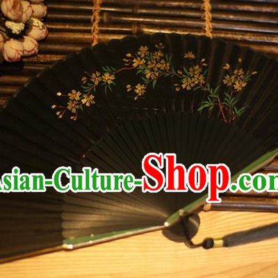 China Classical Folding Fan Black Silk Fans Printing Flowers Fan Traditional Accordion