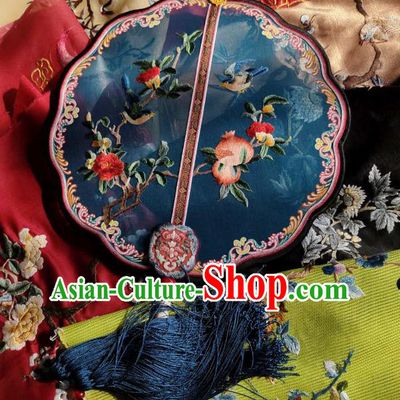China Traditional Court Hanfu Fan Handmade Embroidered Pomegranate Palace Fan Wedding Blue Silk Fan
