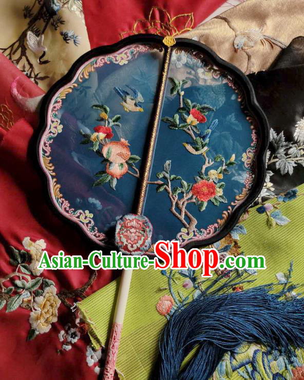China Traditional Court Hanfu Fan Handmade Embroidered Pomegranate Palace Fan Wedding Blue Silk Fan China Traditional Court Hanfu Fan Handmade Embroidered Pomegranate Palace Fan Wedding Blue Silk Fan
