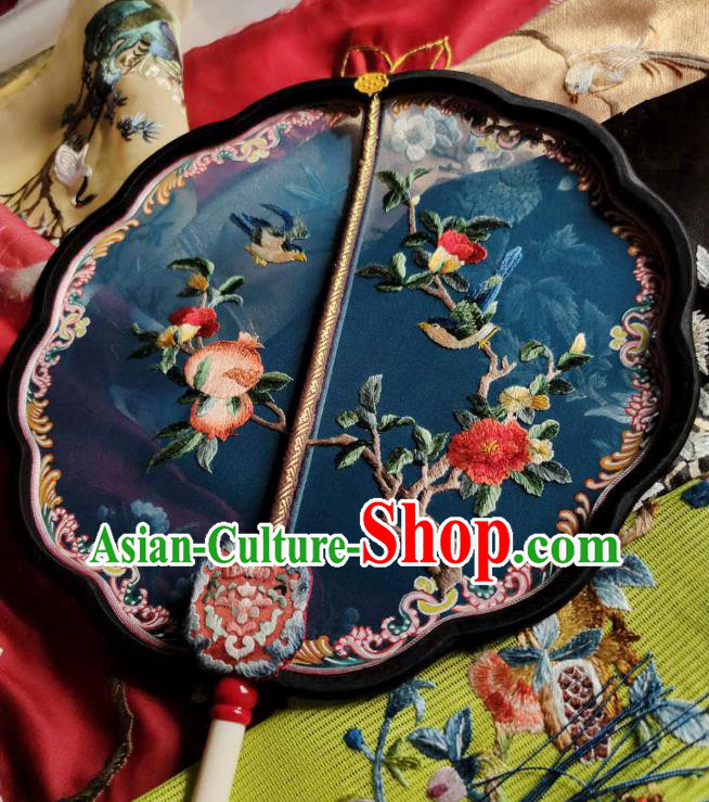 China Traditional Court Hanfu Fan Handmade Embroidered Pomegranate Palace Fan Wedding Blue Silk Fan China Traditional Court Hanfu Fan Handmade Embroidered Pomegranate Palace Fan Wedding Blue Silk Fan