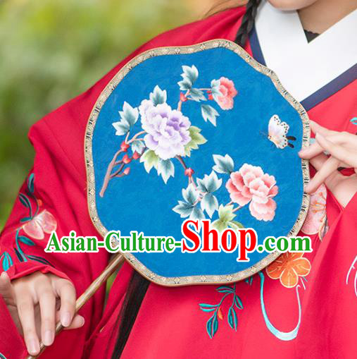 China Embroidered Peony Fan Traditional Blue Silk Fans Ancient Hanfu Palace Fan China Embroidered Peony Fan Traditional Blue Silk Fans Ancient Hanfu Palace Fan