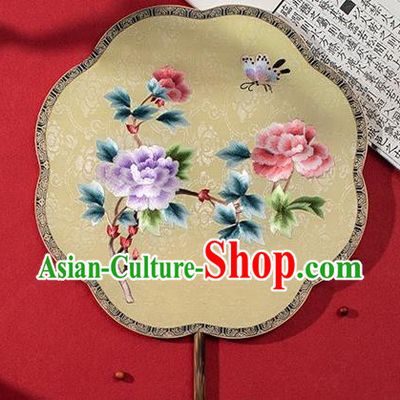 China Traditional Hanfu Yellow Silk Fans Embroidered Peony Fan Ancient Noble Lady Palace Fan