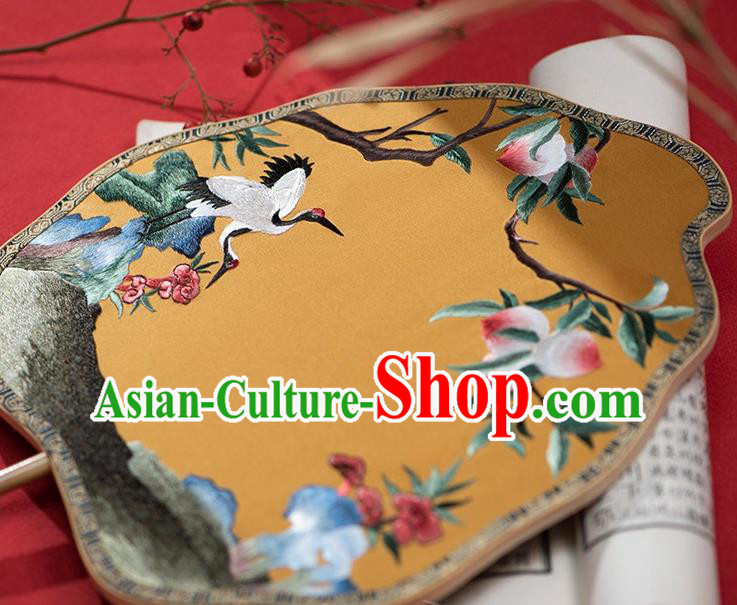 China Ancient Empress Palace Fan Traditional Hanfu Yellow Silk Fans Embroidered Peach Crane Fan China Ancient Empress Palace Fan Traditional Hanfu Yellow Silk Fans Embroidered Peach Crane Fan