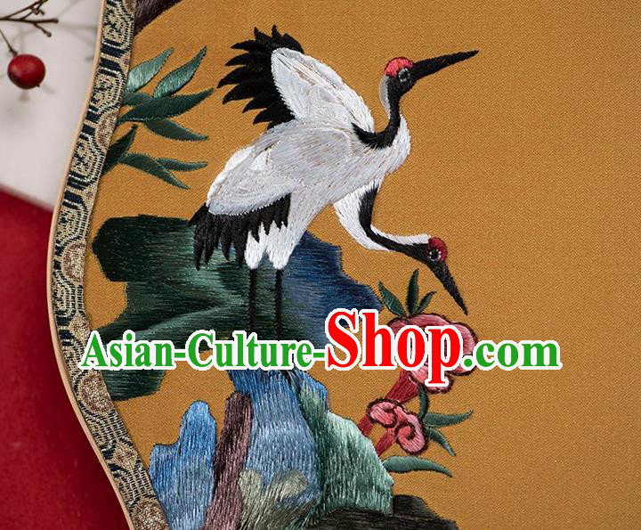 China Ancient Empress Palace Fan Traditional Hanfu Yellow Silk Fans Embroidered Peach Crane Fan China Ancient Empress Palace Fan Traditional Hanfu Yellow Silk Fans Embroidered Peach Crane Fan