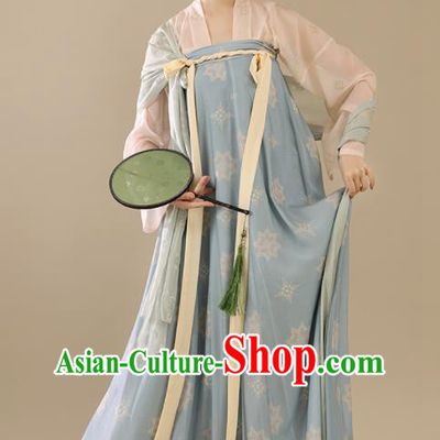 Chinese Traditional Tang Dynasty Young Lady Garment Costumes Ancient Hanfu Clothing Blue Qixiong Ruqun Hanfu Dress