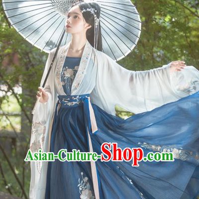 Chinese Traditional Deep Blue Runqun Hanfu Dress Tang Dynasty Beauty Garment Costumes Ancient Young Lady Clothing Set