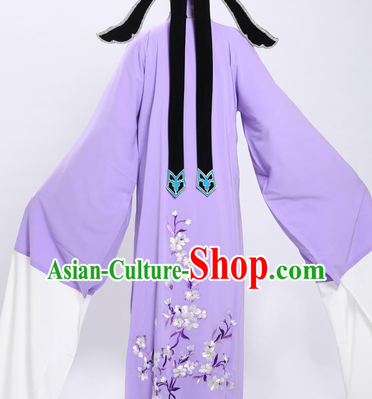 Chinese Yue Opera Scholar Embroidered Violet Overcoat Traditional Shaoxing Opera Xiaosheng Cape and Hat Chinese Yue Opera Scholar Embroidered Violet Overcoat Traditional Shaoxing Opera Xiaosheng Cape and Hat