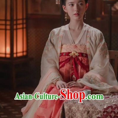 Chinese Drama The Long Ballad Li Le Yan Clothing Tang Dynasty Princess Garment Costumes Traditional Red Hanfu Ruqun Dress and Headdress
