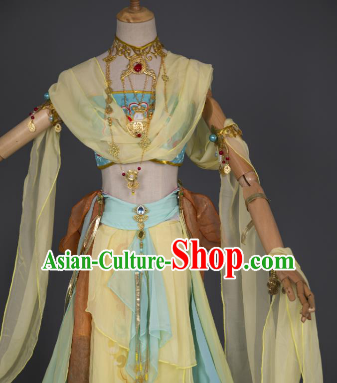 China Traditional Hanfu Dance Yellow Chiffon Apparels Ancient Fairy Clothing Cosplay Goddess Garment Costumes China Traditional Hanfu Dance Yellow Chiffon Apparels Ancient Fairy Clothing Cosplay Goddess Garment Costumes