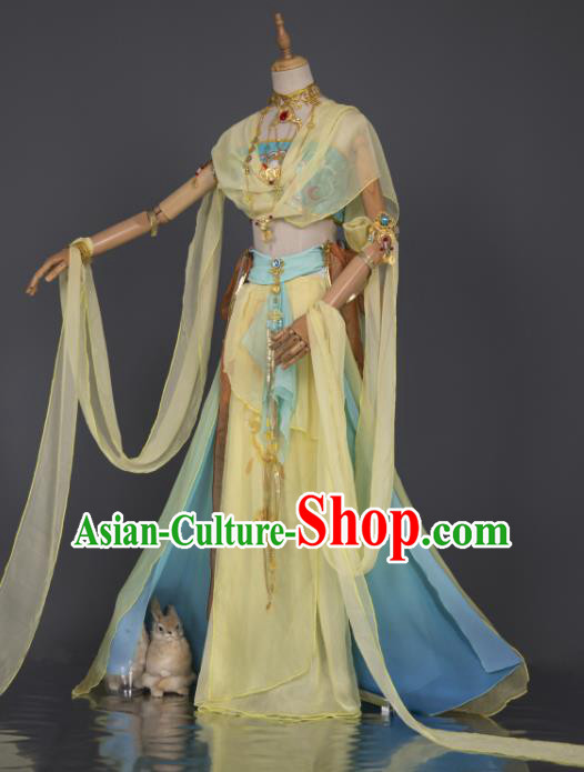 China Traditional Hanfu Dance Yellow Chiffon Apparels Ancient Fairy Clothing Cosplay Goddess Garment Costumes China Traditional Hanfu Dance Yellow Chiffon Apparels Ancient Fairy Clothing Cosplay Goddess Garment Costumes