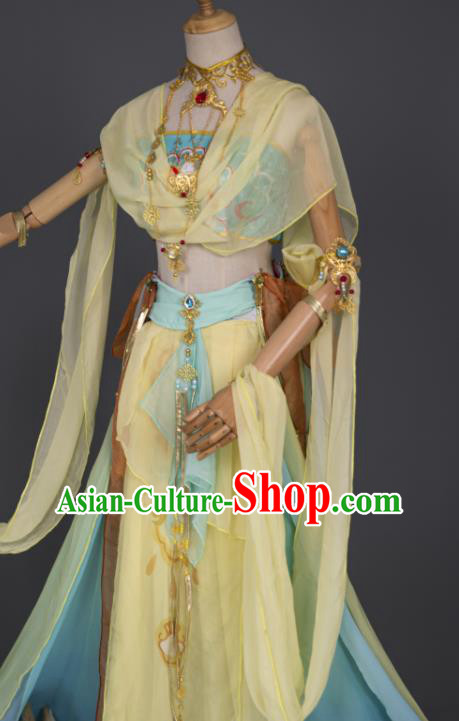China Traditional Hanfu Dance Yellow Chiffon Apparels Ancient Fairy Clothing Cosplay Goddess Garment Costumes China Traditional Hanfu Dance Yellow Chiffon Apparels Ancient Fairy Clothing Cosplay Goddess Garment Costumes
