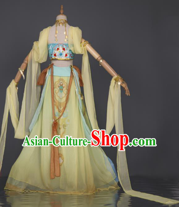China Traditional Hanfu Dance Yellow Chiffon Apparels Ancient Fairy Clothing Cosplay Goddess Garment Costumes China Traditional Hanfu Dance Yellow Chiffon Apparels Ancient Fairy Clothing Cosplay Goddess Garment Costumes