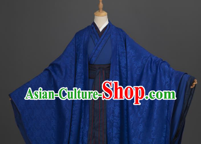 China Cosplay Prince Garment Costumes Traditional Hanfu Apparels Ancient Young Childe Deep Blue Clothing China Cosplay Prince Garment Costumes Traditional Hanfu Apparels Ancient Young Childe Deep Blue Clothing