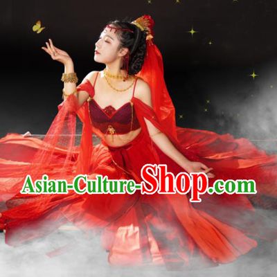 China Traditional Hanfu Dance Apparels Ancient Dunhuang Goddess Red Dress Clothing Cosplay Flying Fairy Garment Costumes