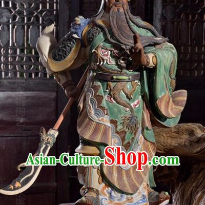 Chinese Shi Wan Ceramic Figurine Green Robe Guan Yu Porcelain Statue Arts Handmade Guan Gong Blade Sculptures