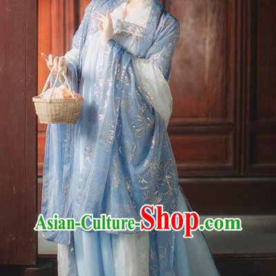 China Ancient Princess Blue Wide Sleeve Cape Traditional Hanfu Da Xiu Shan Overcoat for Women