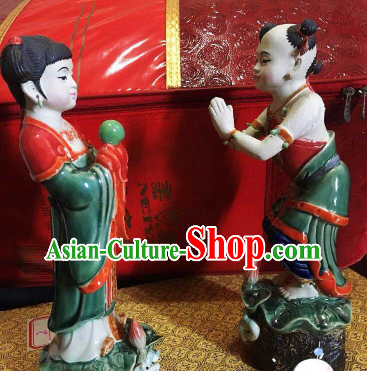 Chinese Shi Wan Ceramic Craft Long Lv Hong Hai Er Statues Chinese Shi Wan Ceramic Craft Long Lv Hong Hai Er Statues
