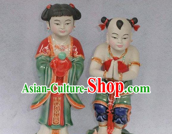 Chinese Shi Wan Ceramic Craft Long Lv Hong Hai Er Statues Chinese Shi Wan Ceramic Craft Long Lv Hong Hai Er Statues