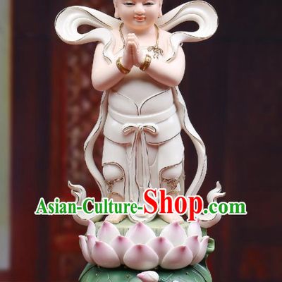 Chinese White Ceramic Shan Cai Tong Zi Craft Handmade Hong Hai Er Porcelain Statue