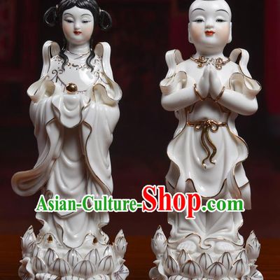 Chinese De Hua Ceramic Craft Handmade Dragon Girl Hong Hai Er Porcelain Statues