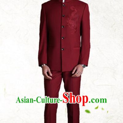 Chinese Traditional Wedding Suits Embroidered Dragon Groom Costumes Zhongshan Clothing Wine Red Tang Suits