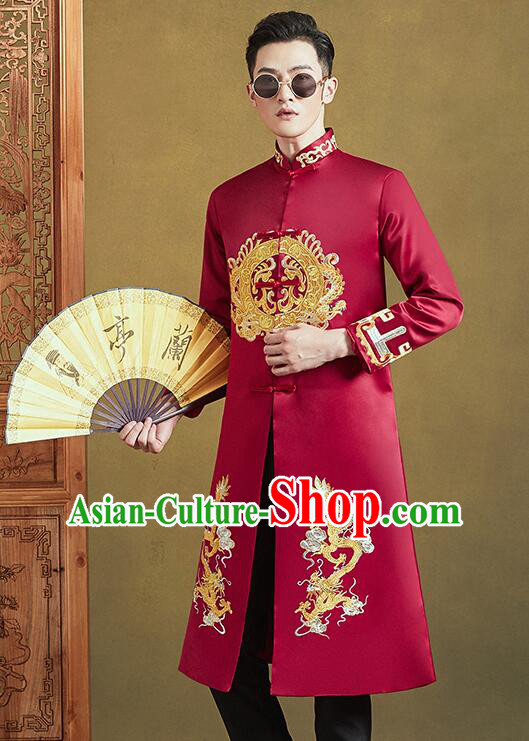 Chinese Embroidered Dragon Costumes Groom Long Mandarin Jacket Clothing Traditional Tang Zhuang Wedding Suits Chinese Embroidered Dragon Costumes Groom Long Mandarin Jacket Clothing Traditional Tang Zhuang Wedding Suits