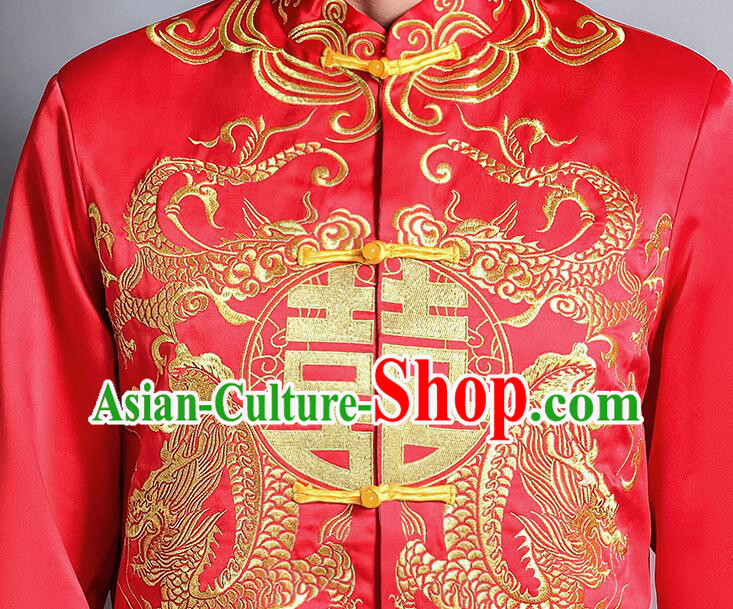 Chinese Traditional Tang Zhuang Embroidered Dragon Costumes Groom Long Mandarin Jacket Clothing Wedding Suits Chinese Traditional Tang Zhuang Embroidered Dragon Costumes Groom Long Mandarin Jacket Clothing Wedding Suits