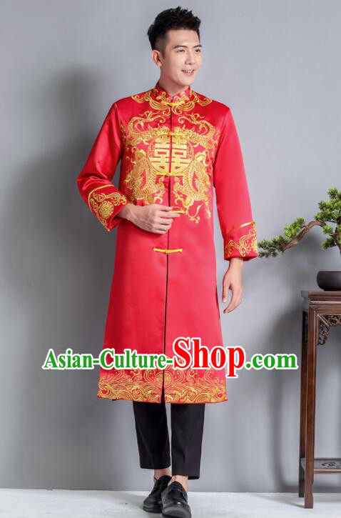 Chinese Traditional Tang Zhuang Embroidered Dragon Costumes Groom Long Mandarin Jacket Clothing Wedding Suits Chinese Traditional Tang Zhuang Embroidered Dragon Costumes Groom Long Mandarin Jacket Clothing Wedding Suits