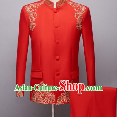 Chinese Groom Red Clothing Wedding Suits Traditional Tang Zhuang Embroidered Costumes