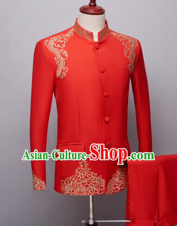 Chinese Groom Red Clothing Wedding Suits Traditional Tang Zhuang Embroidered Costumes Chinese Groom Red Clothing Wedding Suits Traditional Tang Zhuang Embroidered Costumes