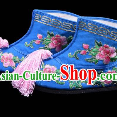 Chinese Beijing Opera Wudan Embroidered Boots Swordswoman Embroidery Peony Boots Traditional Opera Deep Blue Shoes