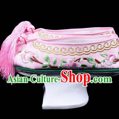 Chinese Traditional Opera Pink Satin Shoes Beijing Opera Hua Tan Embroidered Shoes Qing Dynasty Princess Embroidery Shoes
