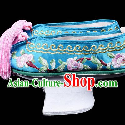 Chinese Qing Dynasty Princess Embroidery Shoes Traditional Opera Blue Satin Shoes Beijing Opera Hua Tan Embroidered Shoes