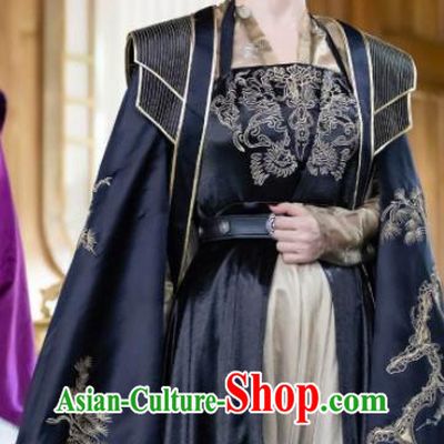 China Traditional Navy Hanfu Dress Drama The Romance of Tiger and Rose Clothing Ancient Queen Garment Costumes and Headdress