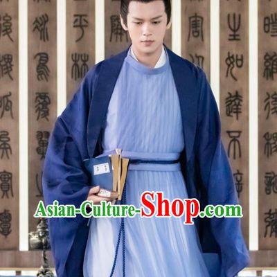 China Ancient Scholar Garment Costumes Traditional Blue Hanfu Robe Drama The Romance of Tiger and Rose Pei Heng Clothing
