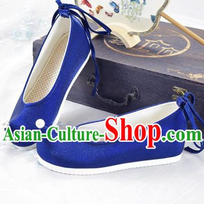 China National Women Bow Shoes Traditional Ming Dynasty Hanfu Shoes Ancient Princess Royalblue Shoes
