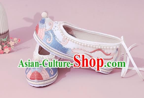 China National Shoes Classical Dance White Cloth Shoes Traditional Embroidered Pearls Shoe China National Shoes Classical Dance White Cloth Shoes Traditional Embroidered Pearls Shoe