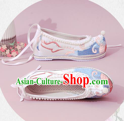 China National Shoes Classical Dance White Cloth Shoes Traditional Embroidered Pearls Shoe China National Shoes Classical Dance White Cloth Shoes Traditional Embroidered Pearls Shoe