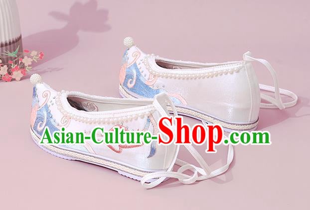 China National Shoes Classical Dance White Cloth Shoes Traditional Embroidered Pearls Shoe China National Shoes Classical Dance White Cloth Shoes Traditional Embroidered Pearls Shoe