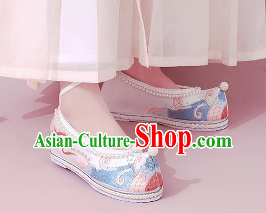 China National Shoes Classical Dance White Cloth Shoes Traditional Embroidered Pearls Shoe China National Shoes Classical Dance White Cloth Shoes Traditional Embroidered Pearls Shoe
