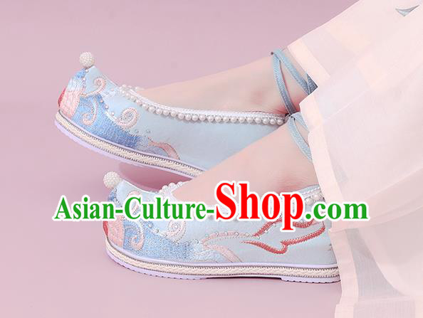 China Traditional Embroidered Pearls Shoe National Shoes Classical Dance Blue Cloth Shoes China Traditional Embroidered Pearls Shoe National Shoes Classical Dance Blue Cloth Shoes