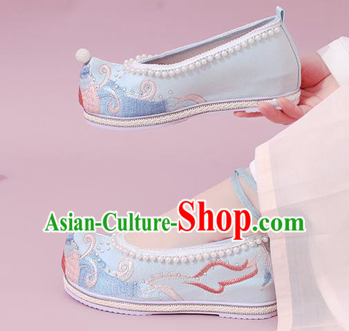 China Traditional Embroidered Pearls Shoe National Shoes Classical Dance Blue Cloth Shoes China Traditional Embroidered Pearls Shoe National Shoes Classical Dance Blue Cloth Shoes