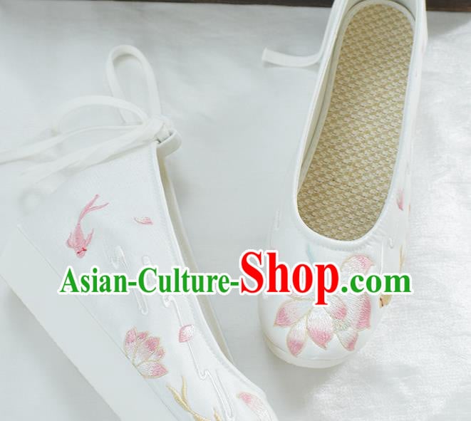 China Traditional Embroidered Lotus Shoe Ancient Princess White Cloth Shoes Classical Dance Shoes China Traditional Embroidered Lotus Shoe Ancient Princess White Cloth Shoes Classical Dance Shoes