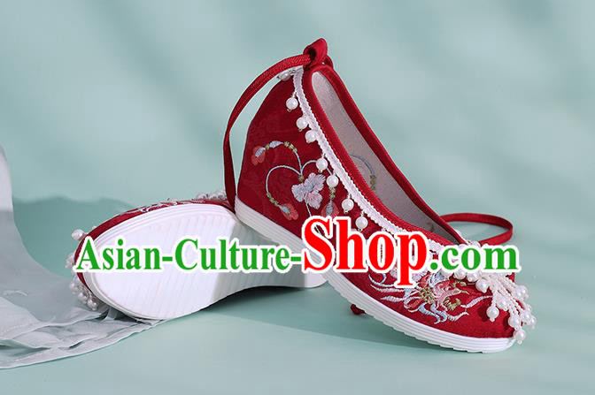 China Embroidered Phoenix Shoes Classical Beads Shoes Traditional National Wedding Red Cloth Shoes