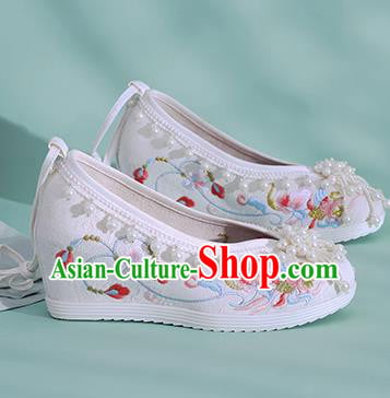 China Traditional National Wedding White Cloth Shoes Embroidered Phoenix Shoes Classical Beads Shoes China Traditional National Wedding White Cloth Shoes Embroidered Phoenix Shoes Classical Beads Shoes