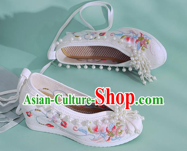 China Traditional National Wedding White Cloth Shoes Embroidered Phoenix Shoes Classical Beads Shoes China Traditional National Wedding White Cloth Shoes Embroidered Phoenix Shoes Classical Beads Shoes