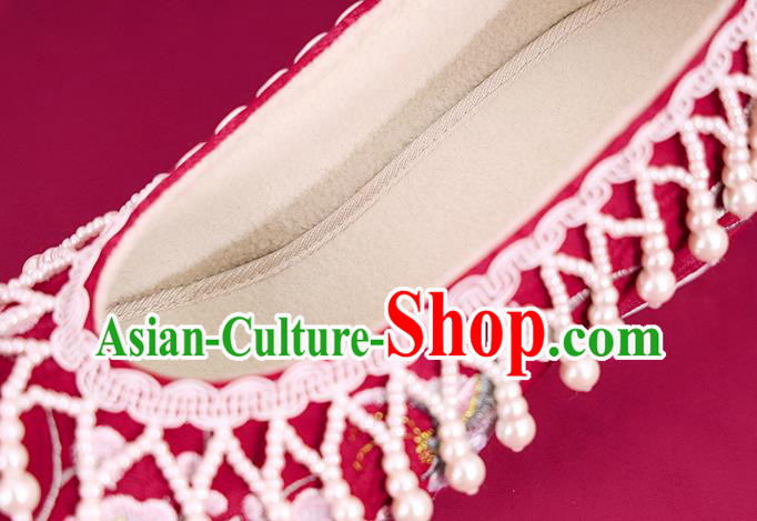 China Red Embroidered Shoes Princess Shoes Traditional Beads Tassel Shoes National Cloth Shoes